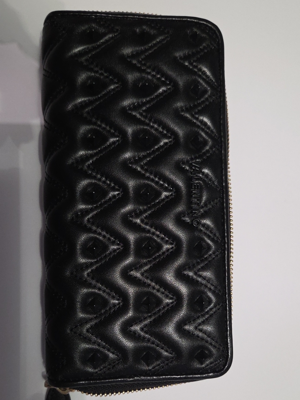 Valentino Black Quilted Chevron Zip Wallet with Stud Detail
